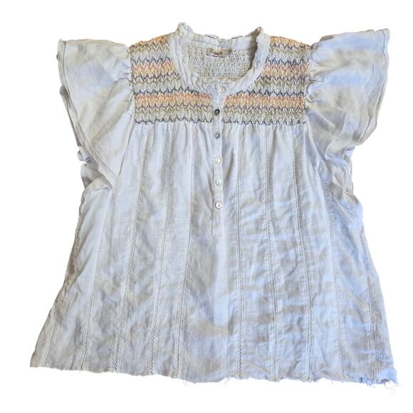 Faherty Women Honokaia Linen Embroidered Flutter Sleeve Top M Boho Peasant - Picture 1 of 11